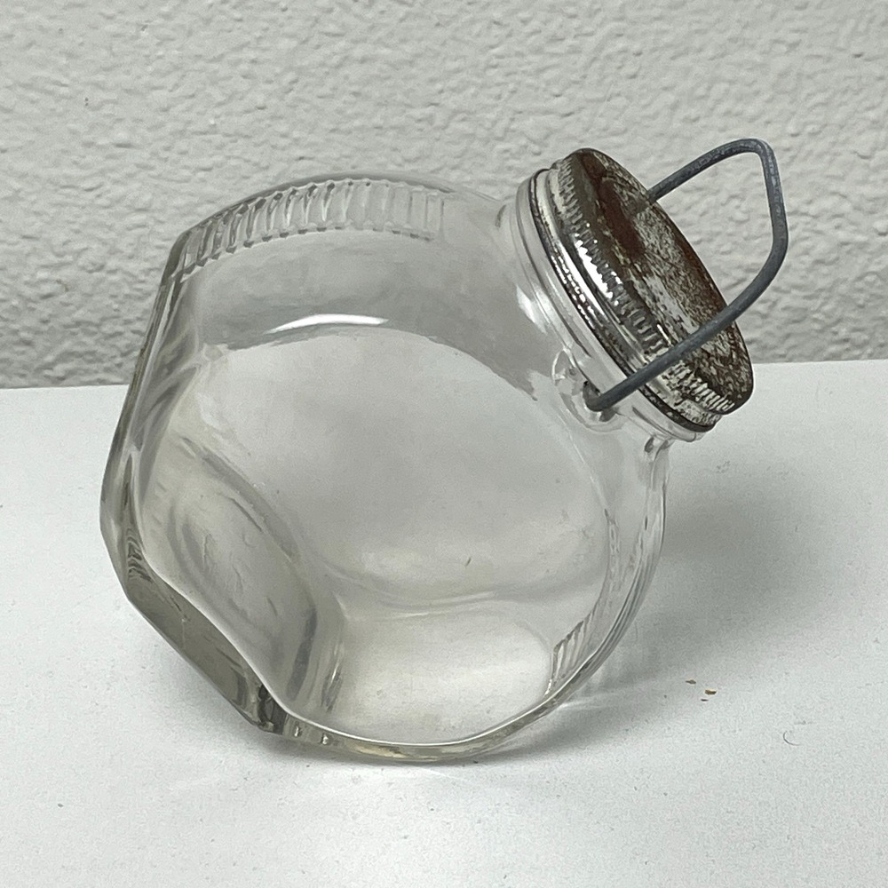 1932 Owens Illinois Tilt Pantry Jar Ribbed Glass Wire Handle Pat 86712